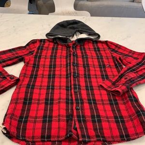 Vans flannel hoodie / Red and black flannel with a charcoal gray hood